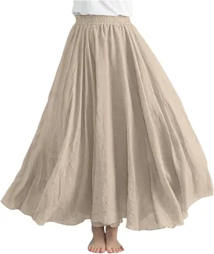 Women's Flowy Linen Maxi Skirt Summer Pleated High Waisted Casual Long Skirts Solid A-Line Beach Skirt for Going Out