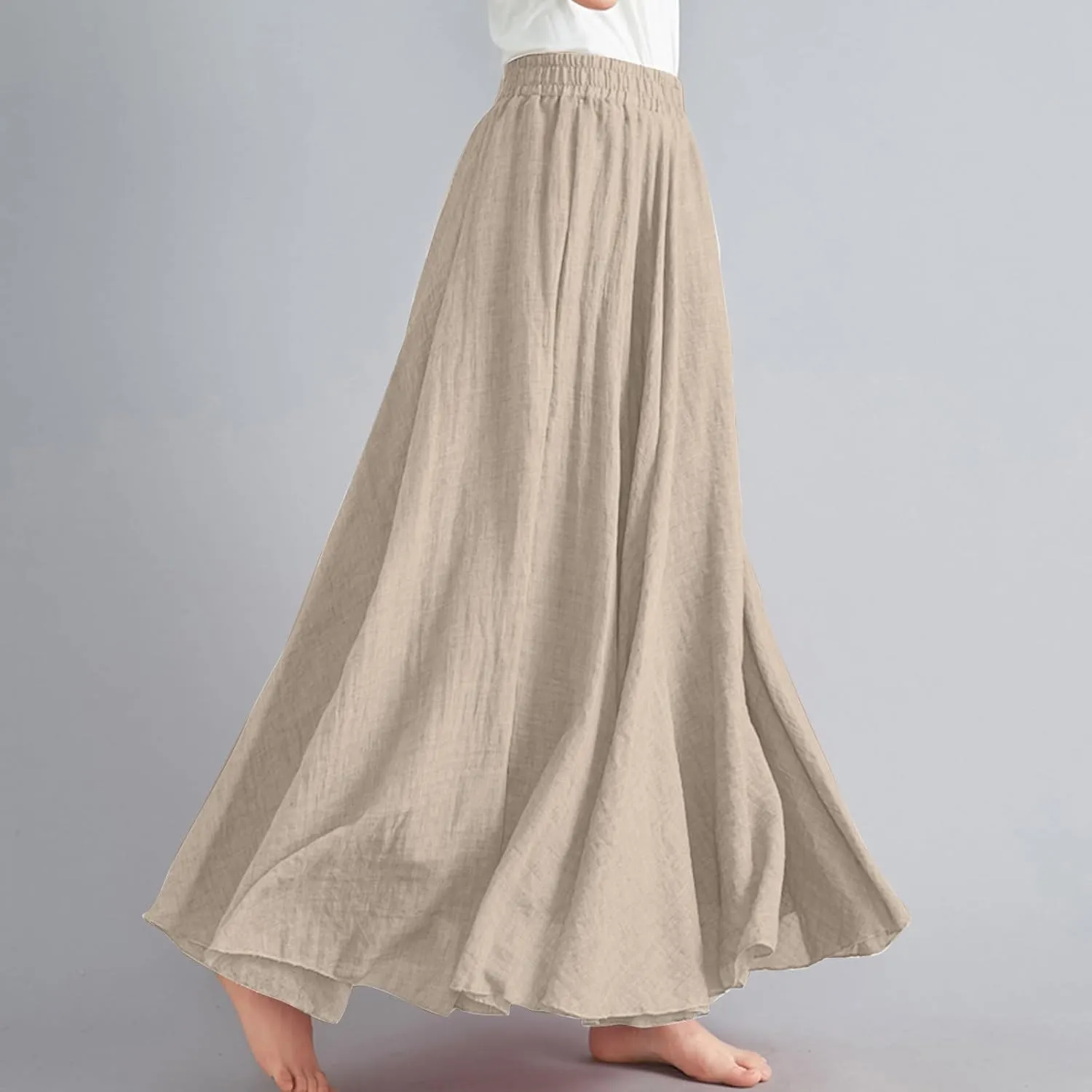 Women's Flowy Linen Maxi Skirt Summer Pleated High Waisted Casual Long Skirts Solid A-Line Beach Skirt for Going Out