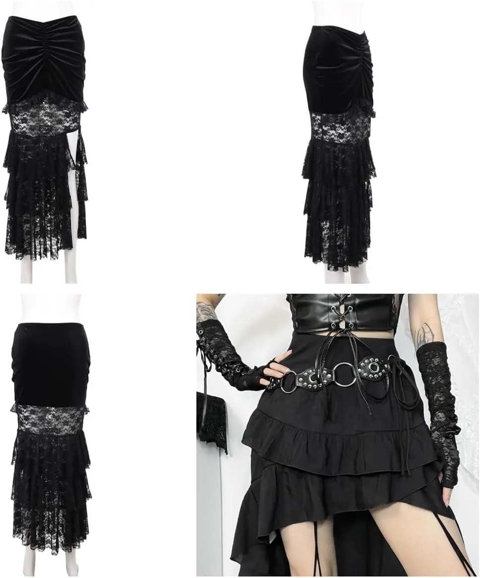 Womens Gothic Lace High Waist Long Skirt Y2k Maxi Skirt with Slit Rave Outfits
