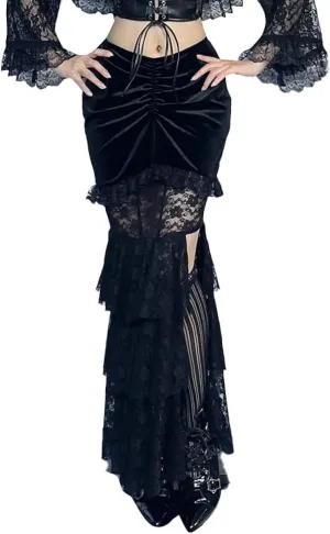 Womens Gothic Lace High Waist Long Skirt Y2k Maxi Skirt with Slit Rave Outfits