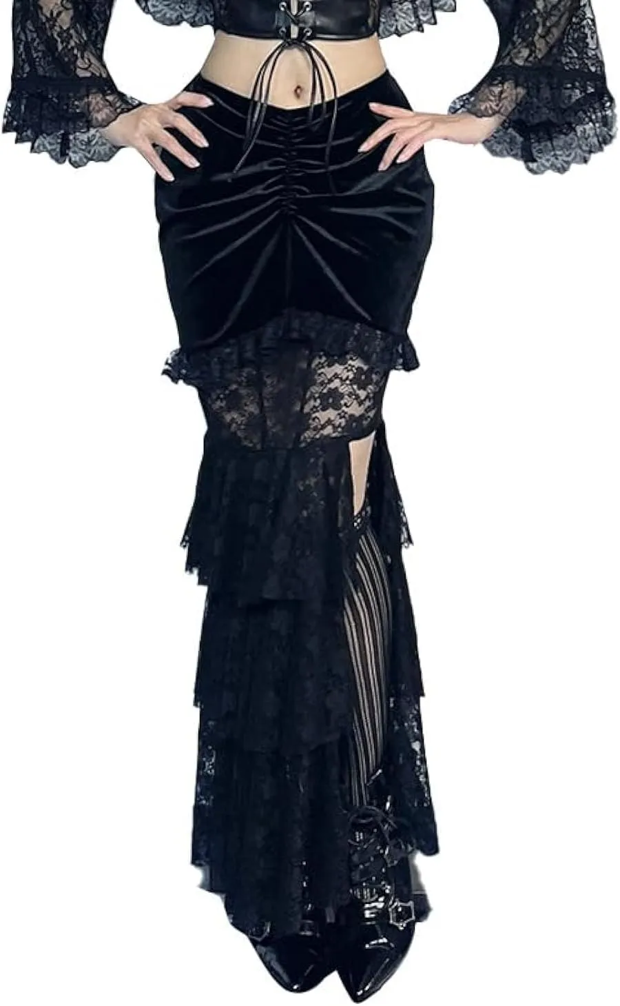 Womens Gothic Lace High Waist Long Skirt Y2k Maxi Skirt with Slit Rave Outfits