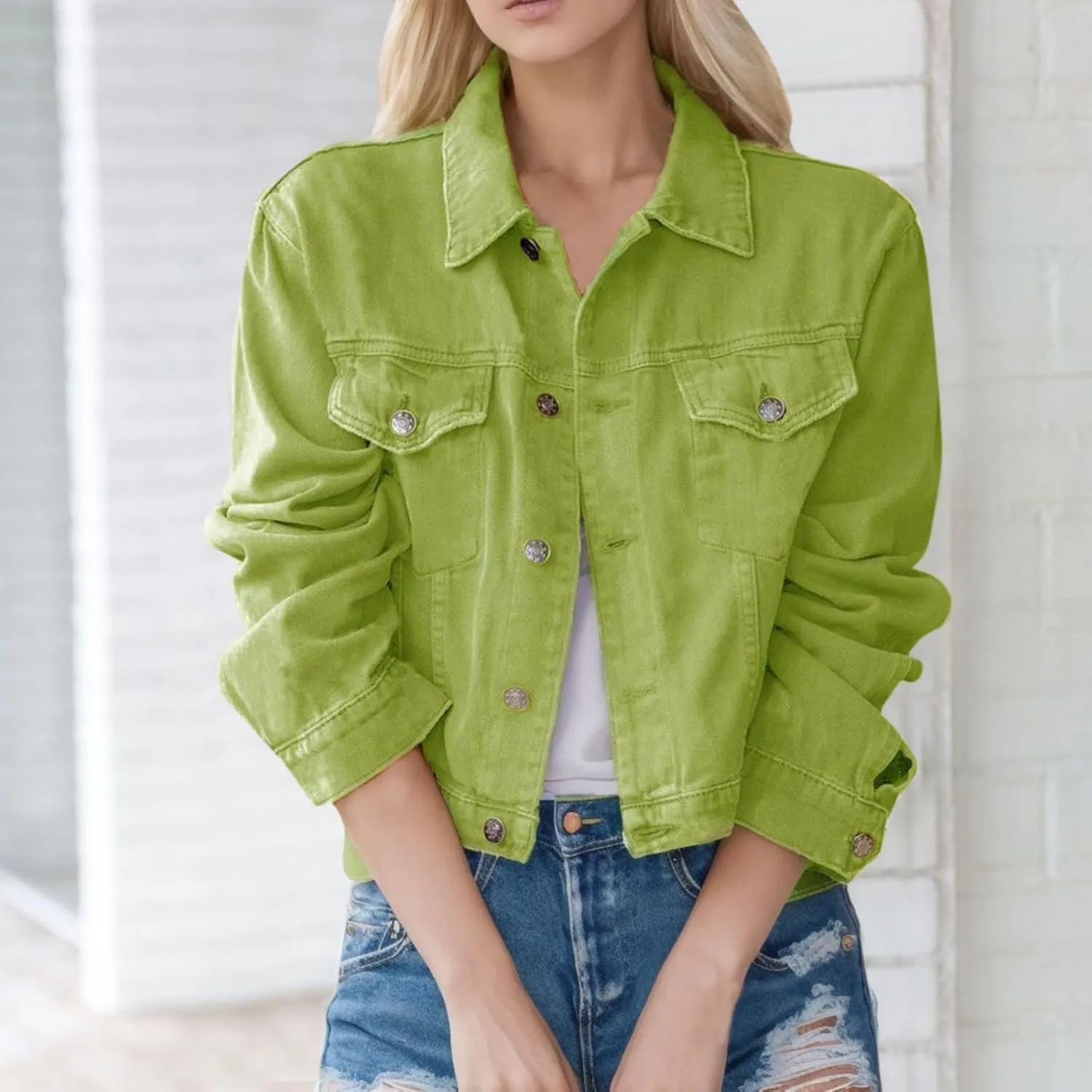 Womens Green Denim Jacket 2023 Short Denim Jean Jacket With Pocket Classic Outwear Denim Jacket 2023