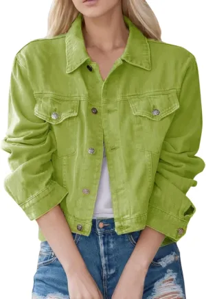 Womens Green Denim Jacket 2023 Short Denim Jean Jacket With Pocket Classic Outwear Denim Jacket 2023
