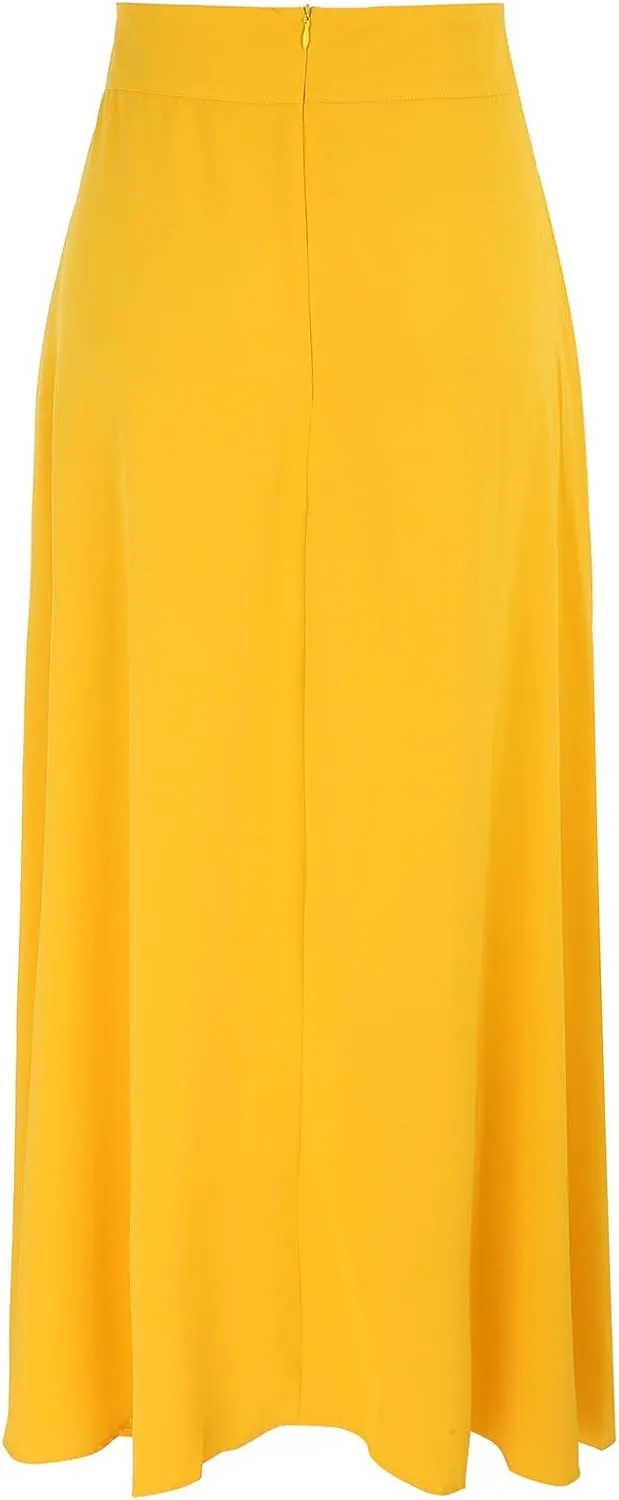 Womens High Elastic Waist Pleated Beach Skirt Midi Swing A-line Skirt Dressy Plain Solid Color Elegant Long Skirts