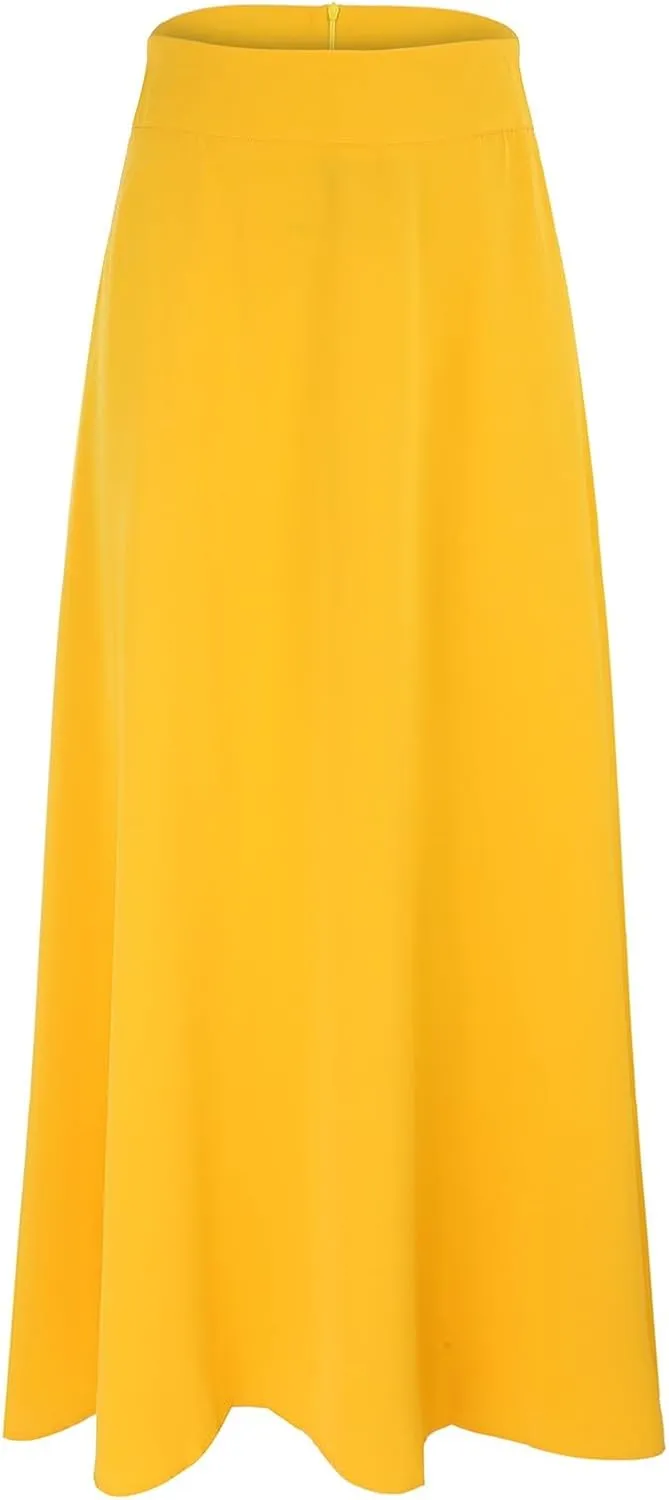 Womens High Elastic Waist Pleated Beach Skirt Midi Swing A-line Skirt Dressy Plain Solid Color Elegant Long Skirts