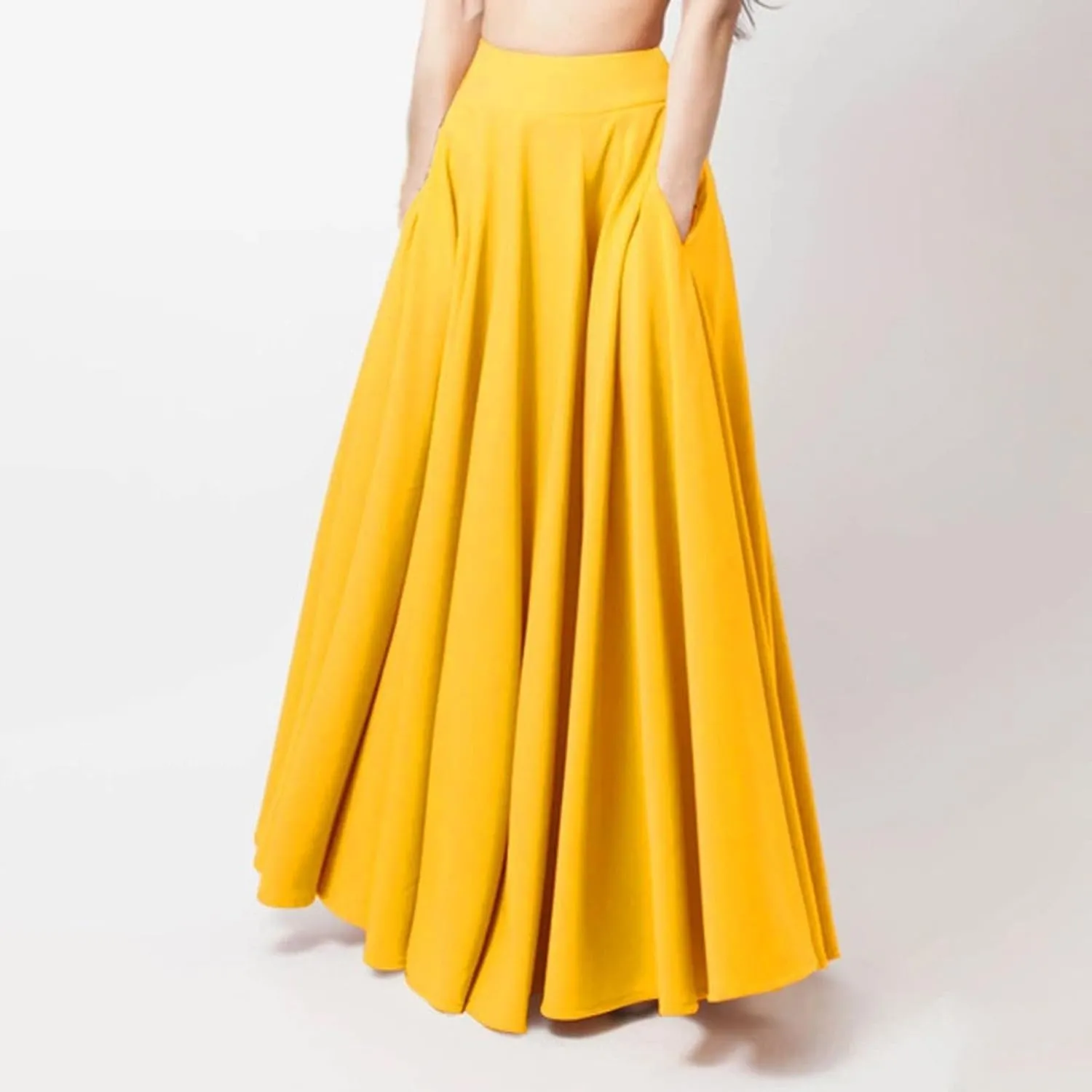Womens High Elastic Waist Pleated Beach Skirt Midi Swing A-line Skirt Dressy Plain Solid Color Elegant Long Skirts