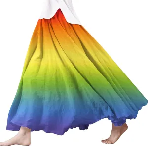Womens High Waist Tie-Dye Print Pleated Skirt Midi Swing Skirt Solid Color Linen Long Maxi Skirts Casual Beach Dress