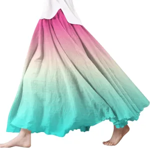 Womens High Waist Tie-Dye Print Pleated Skirt Midi Swing Skirt Solid Color Linen Long Maxi Skirts Casual Beach Dress