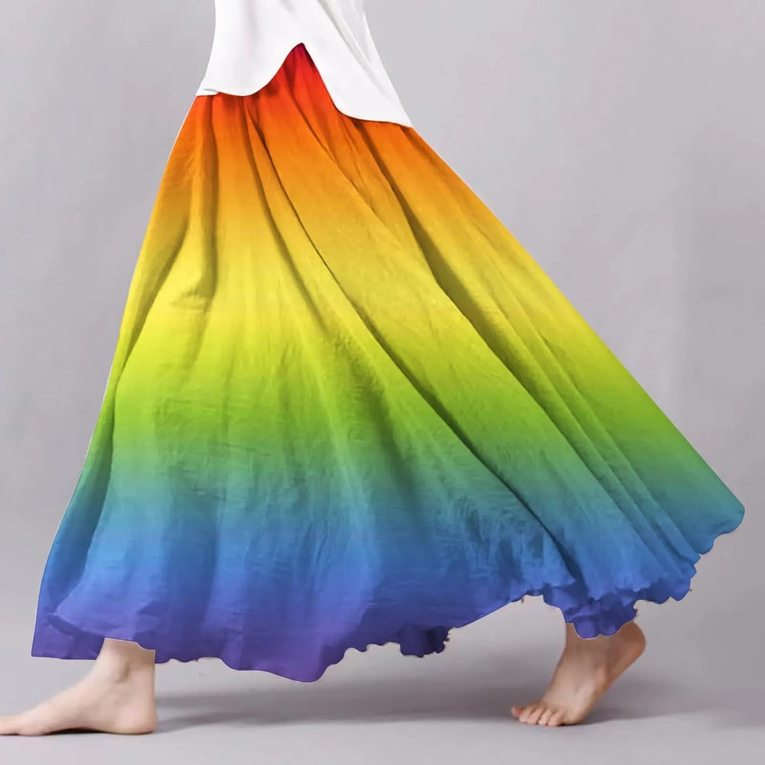 Womens High Waist Tie-Dye Print Pleated Skirt Midi Swing Skirt Solid Color Linen Long Maxi Skirts Casual Beach Dress