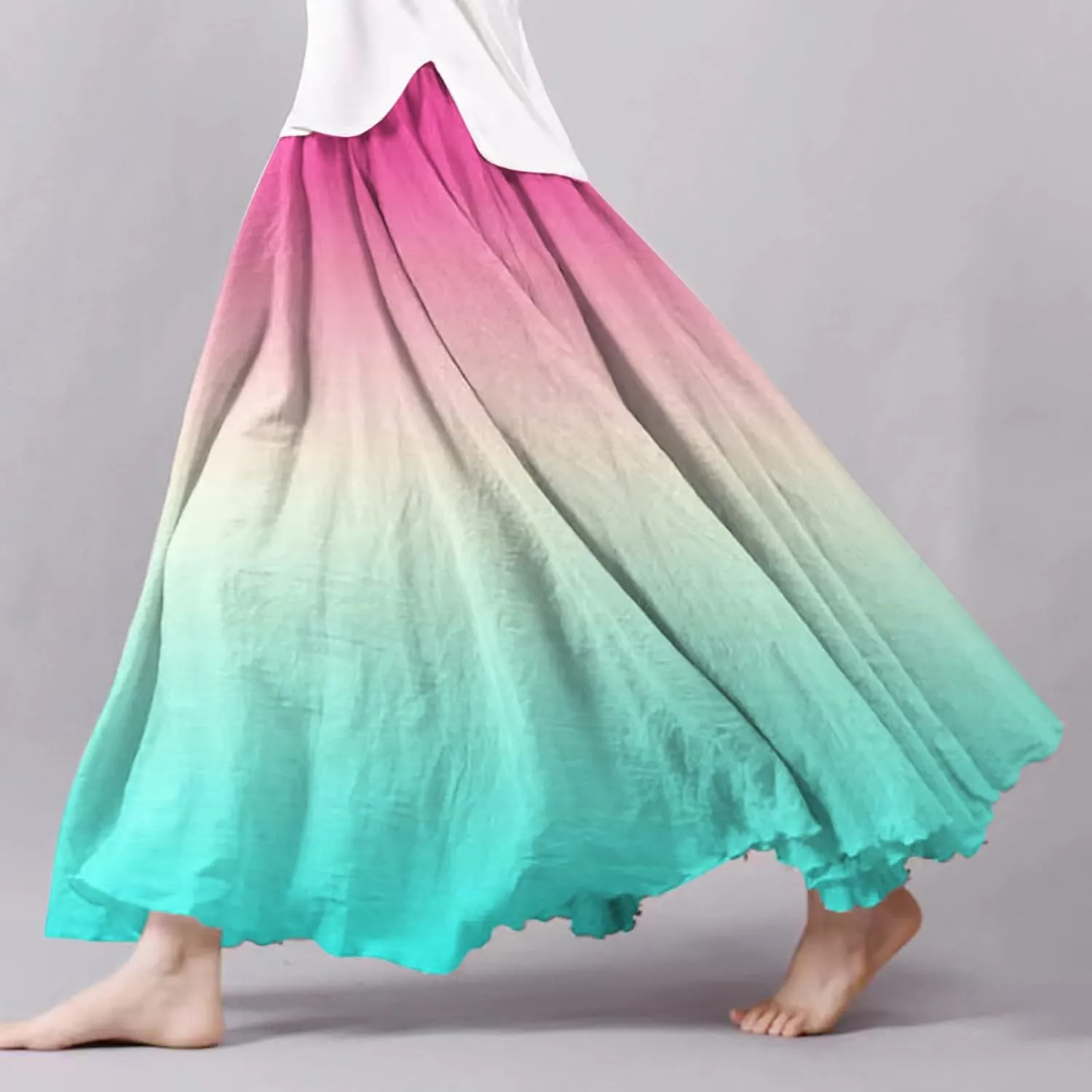 Womens High Waist Tie-Dye Print Pleated Skirt Midi Swing Skirt Solid Color Linen Long Maxi Skirts Casual Beach Dress