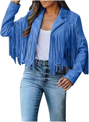 Women's Leather Jacket Faux Suede Fringe Jacket Fall Long Sleeve Lapel Vintage Coats Open Front Tassel Cardigan
