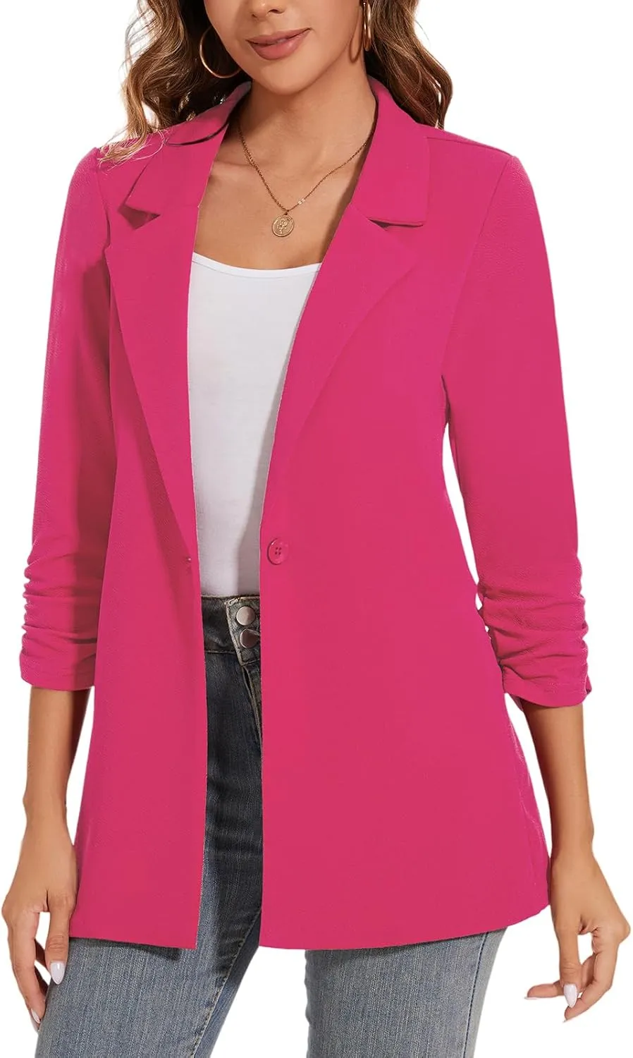 Women's Long Blazer Jackets Button Front Lapel Ruched 3/4 Sleeve Business Casual Office Work Lightweight Blazers