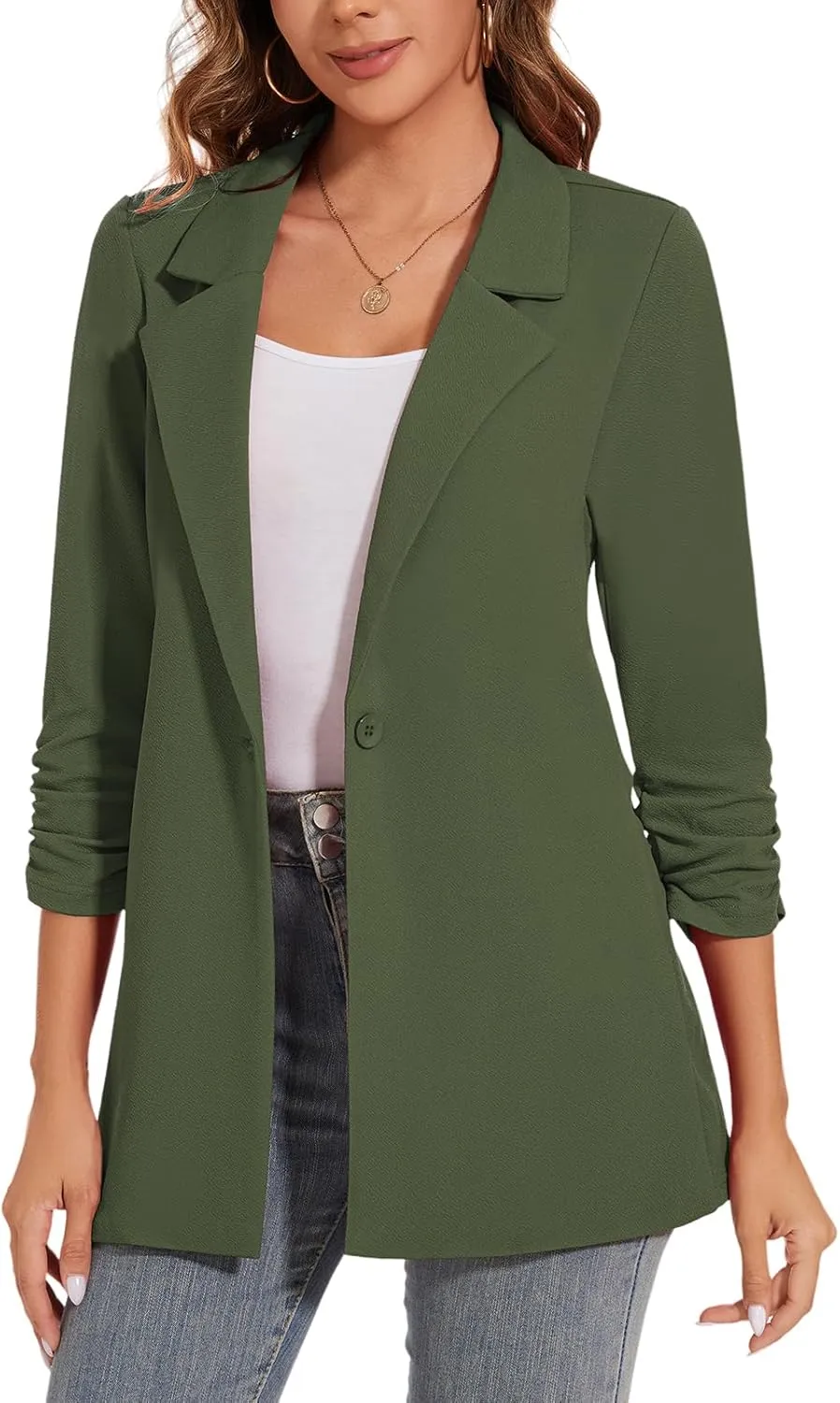 Women's Long Blazer Jackets Button Front Lapel Ruched 3/4 Sleeve Business Casual Office Work Lightweight Blazers