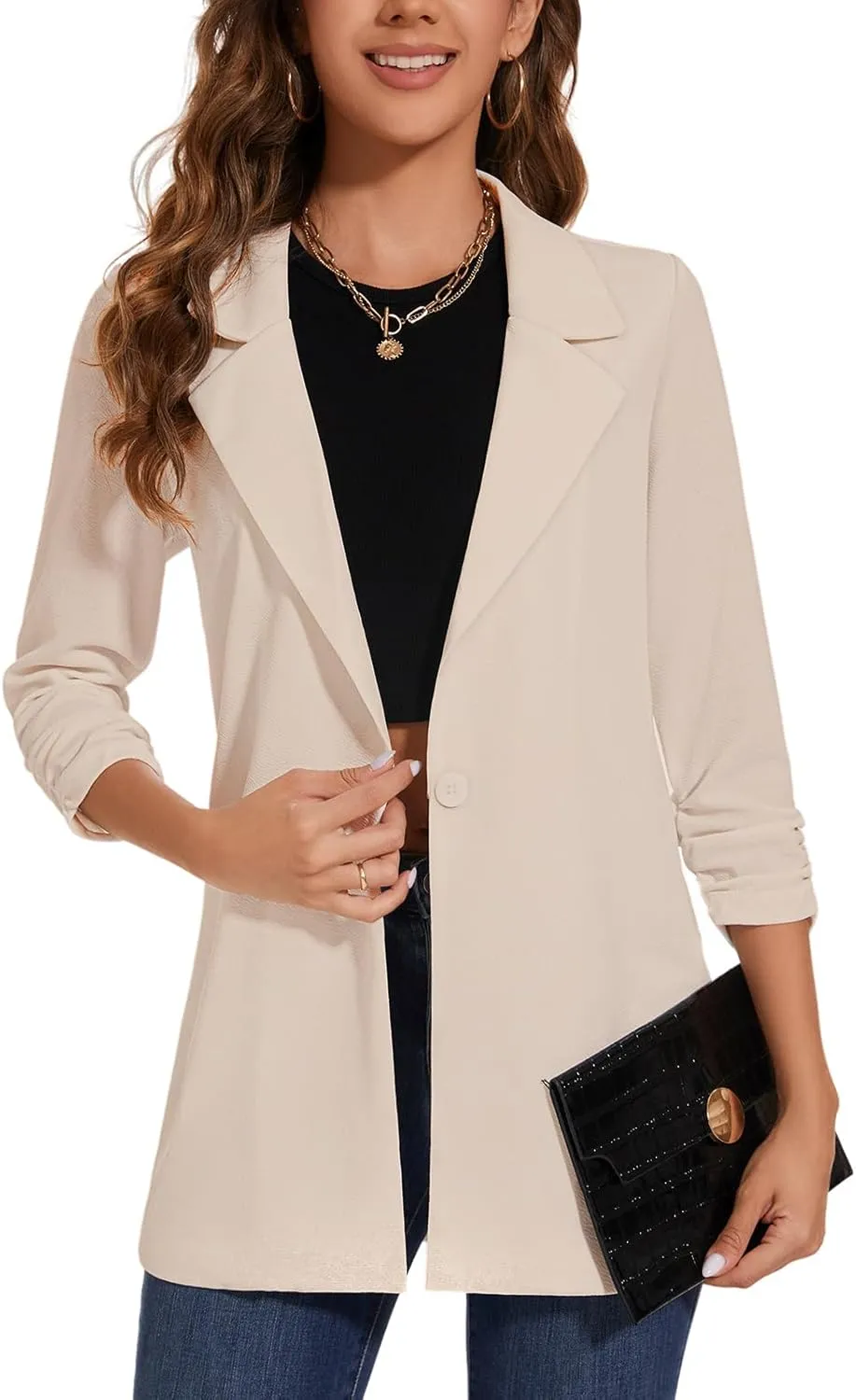Women's Long Blazer Jackets Button Front Lapel Ruched 3/4 Sleeve Business Casual Office Work Lightweight Blazers