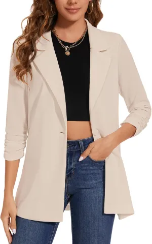 Women's Long Blazer Jackets Button Front Lapel Ruched 3/4 Sleeve Business Casual Office Work Lightweight Blazers