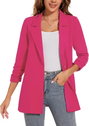 Women's Long Blazer Jackets Button Front Lapel Ruched 3/4 Sleeve Business Casual Office Work Lightweight Blazers