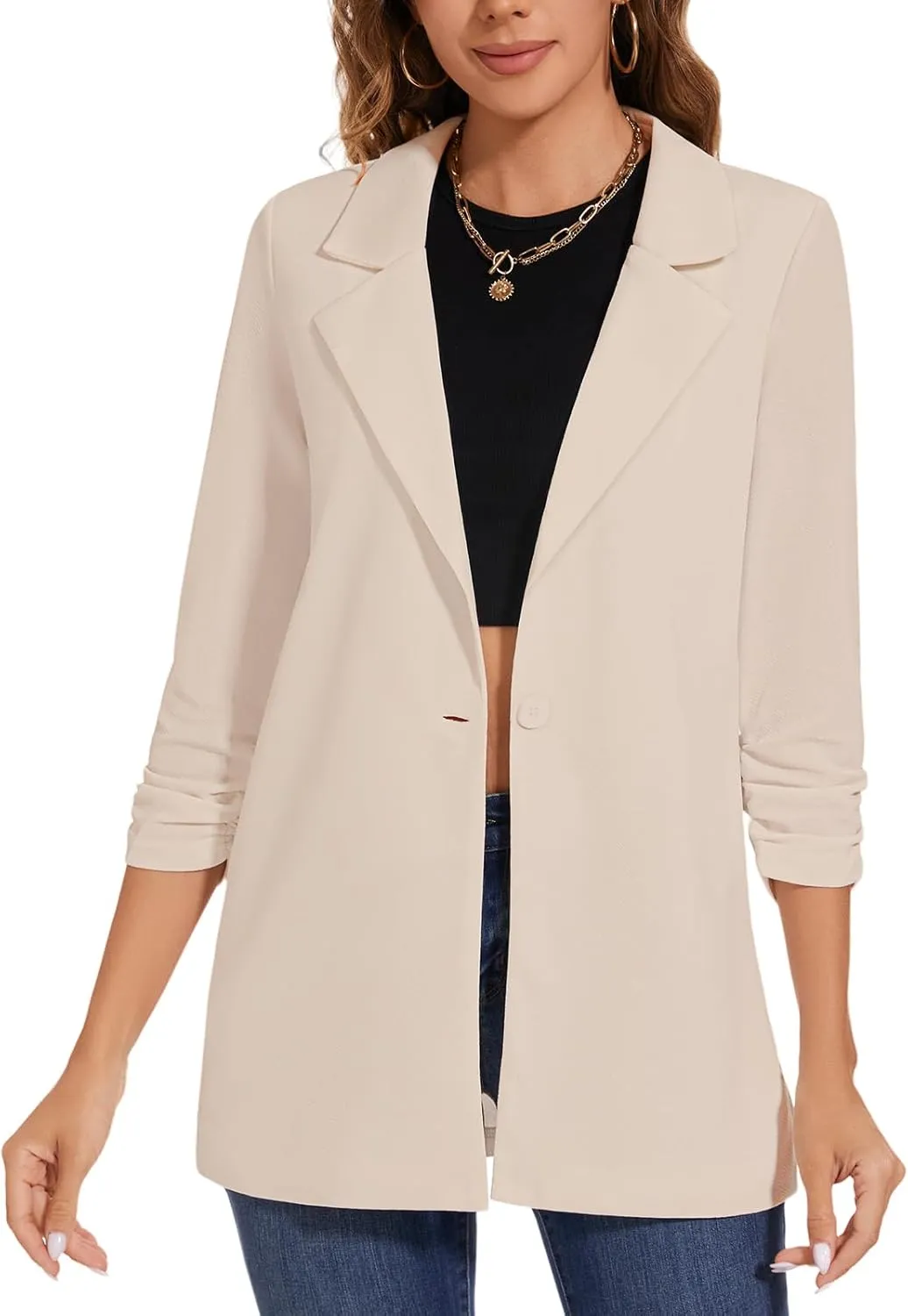 Women's Long Blazer Jackets Button Front Lapel Ruched 3/4 Sleeve Business Casual Office Work Lightweight Blazers