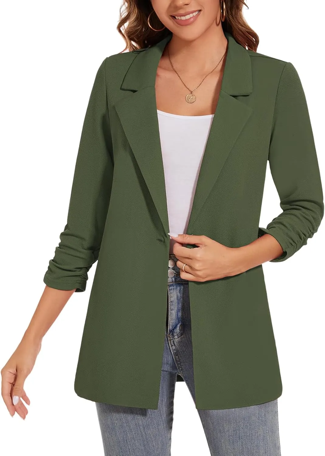 Women's Long Blazer Jackets Button Front Lapel Ruched 3/4 Sleeve Business Casual Office Work Lightweight Blazers