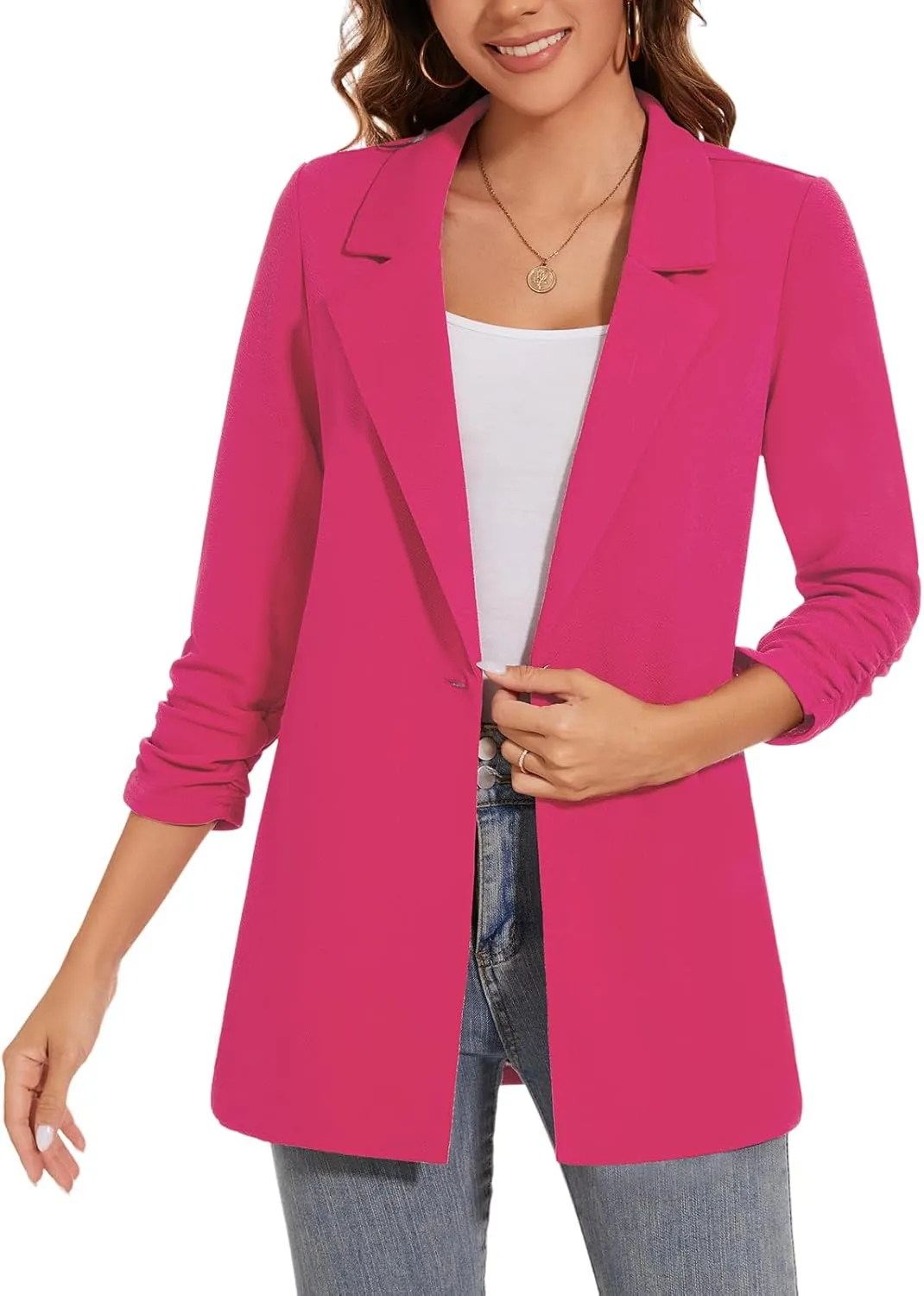 Women's Long Blazer Jackets Button Front Lapel Ruched 3/4 Sleeve Business Casual Office Work Lightweight Blazers
