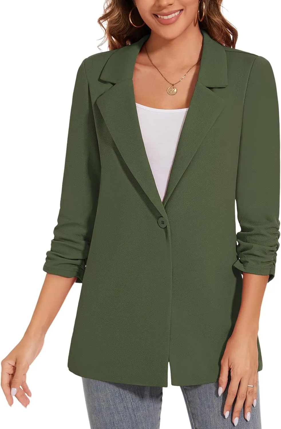 Women's Long Blazer Jackets Button Front Lapel Ruched 3/4 Sleeve Business Casual Office Work Lightweight Blazers