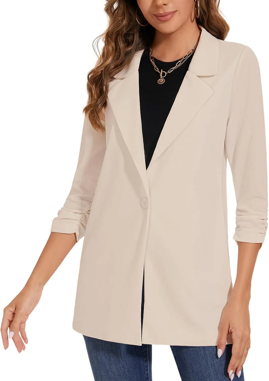 Women's Long Blazer Jackets Button Front Lapel Ruched 3/4 Sleeve Business Casual Office Work Lightweight Blazers