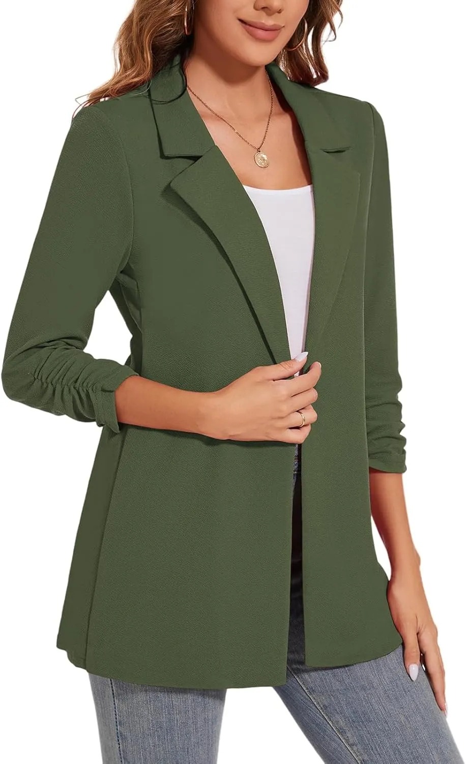 Women's Long Blazer Jackets Button Front Lapel Ruched 3/4 Sleeve Business Casual Office Work Lightweight Blazers