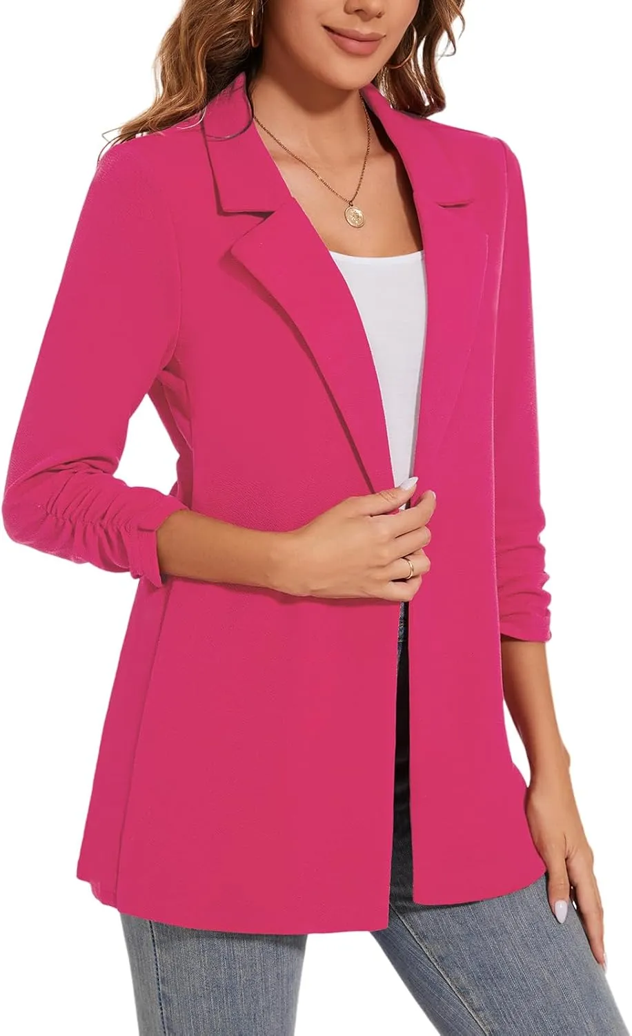 Women's Long Blazer Jackets Button Front Lapel Ruched 3/4 Sleeve Business Casual Office Work Lightweight Blazers