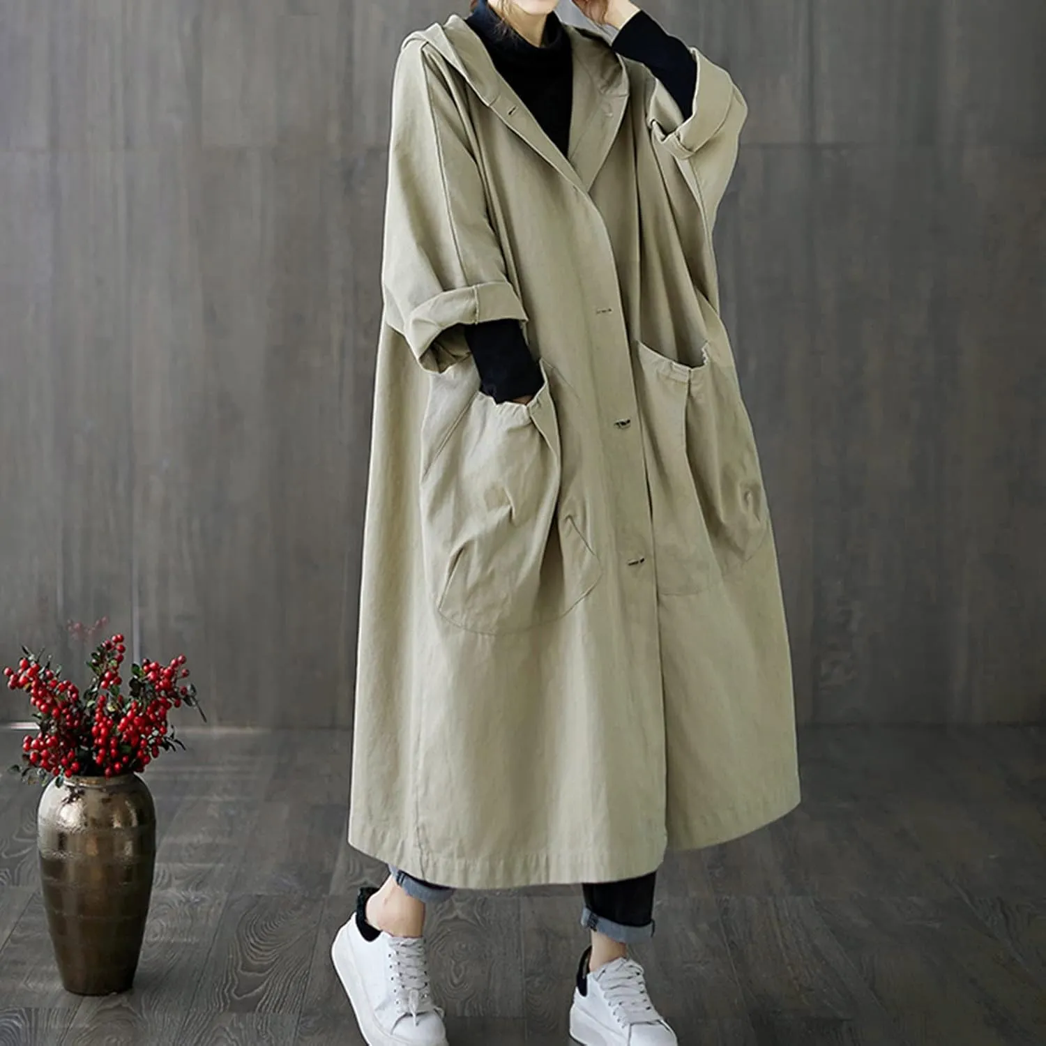 Womens Long Breasted Trench Coat Midi Length Overcoat Faux Leather Suit Jacket for Women