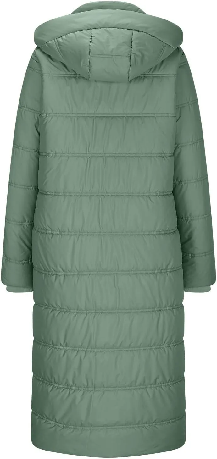 Womens Long Hooded Puffer Jackets Trendy Windproof Zipper Button Down Coat Winter Solid Long Sleeve Warm Outerwear