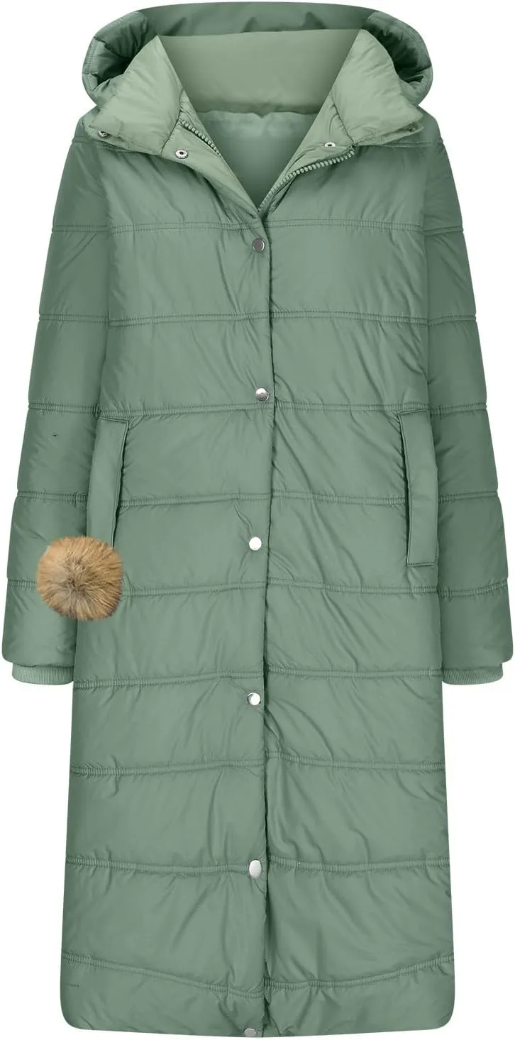 Womens Long Hooded Puffer Jackets Trendy Windproof Zipper Button Down Coat Winter Solid Long Sleeve Warm Outerwear