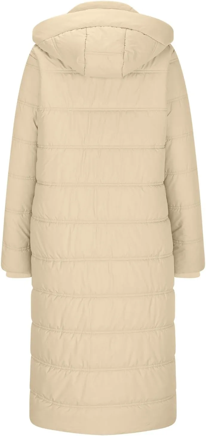 Womens Long Hooded Puffer Jackets Trendy Windproof Zipper Button Down Coat Winter Solid Long Sleeve Warm Outerwear