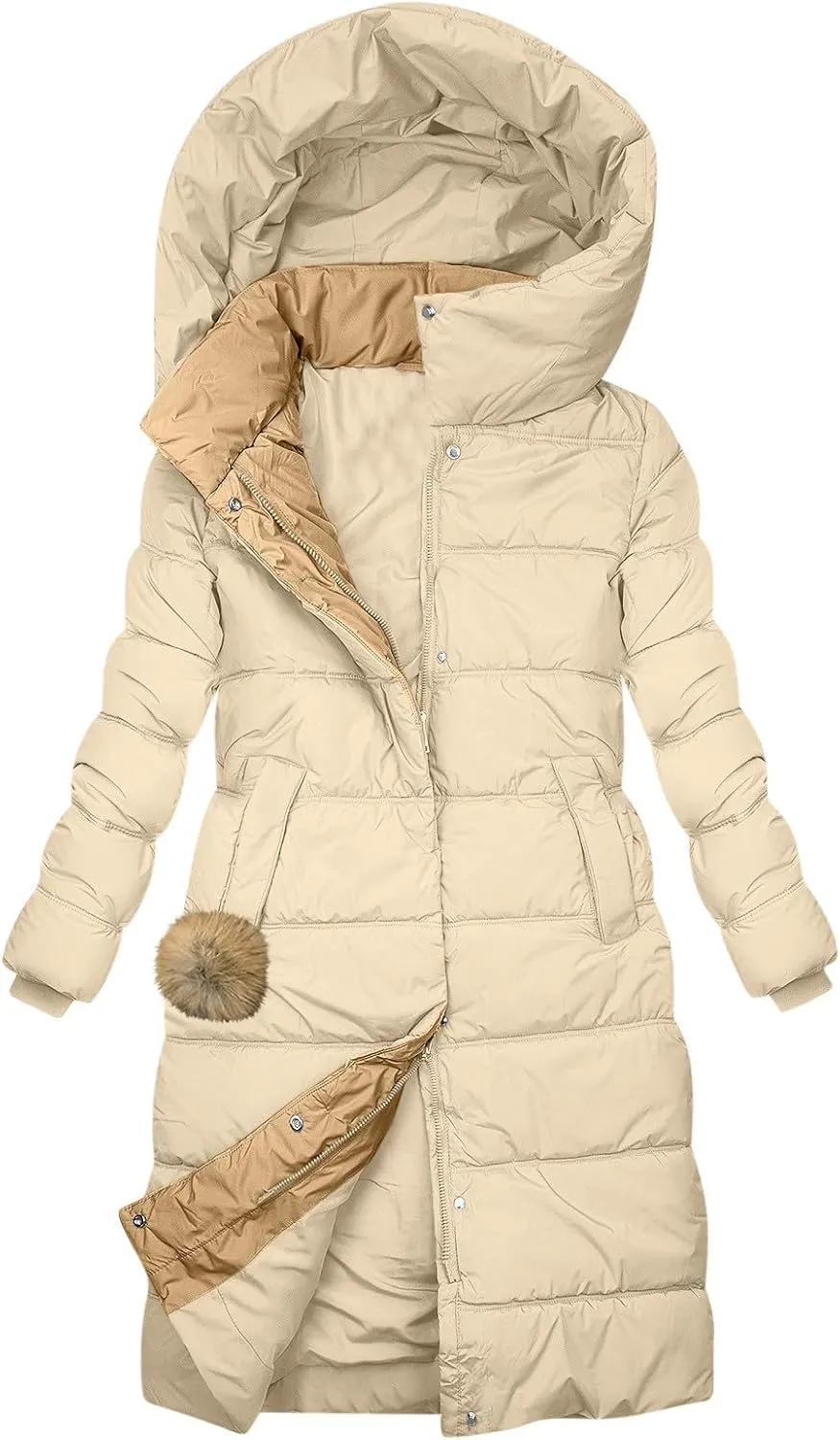 Womens Long Hooded Puffer Jackets Trendy Windproof Zipper Button Down Coat Winter Solid Long Sleeve Warm Outerwear