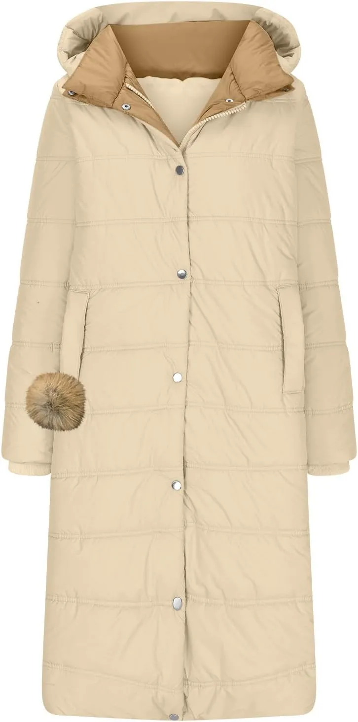 Womens Long Hooded Puffer Jackets Trendy Windproof Zipper Button Down Coat Winter Solid Long Sleeve Warm Outerwear