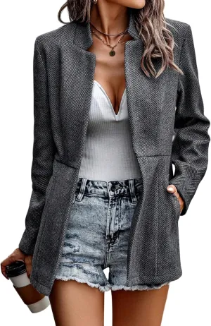 Womens Long Sleeve Trench Blazer Jackets Casual Open Front Notch Lapel Collar Business Work Office Jacket