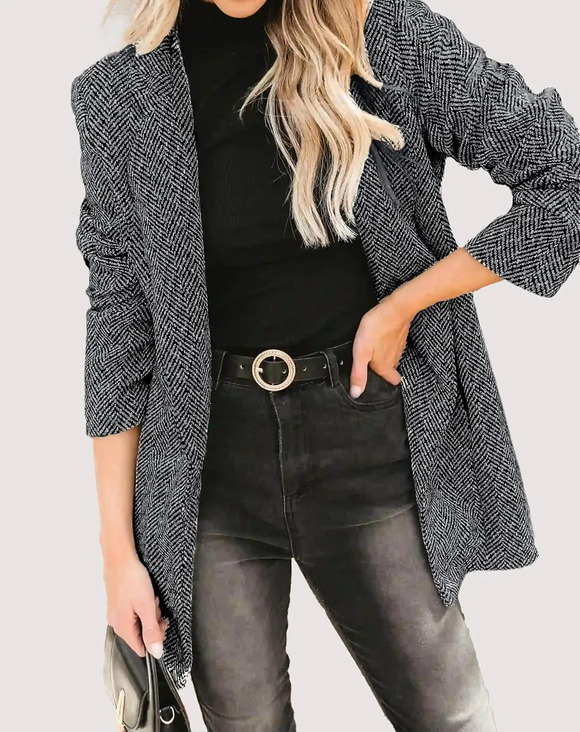Womens Long Sleeve Trench Blazer Jackets Casual Open Front Notch Lapel Collar Business Work Office Jacket