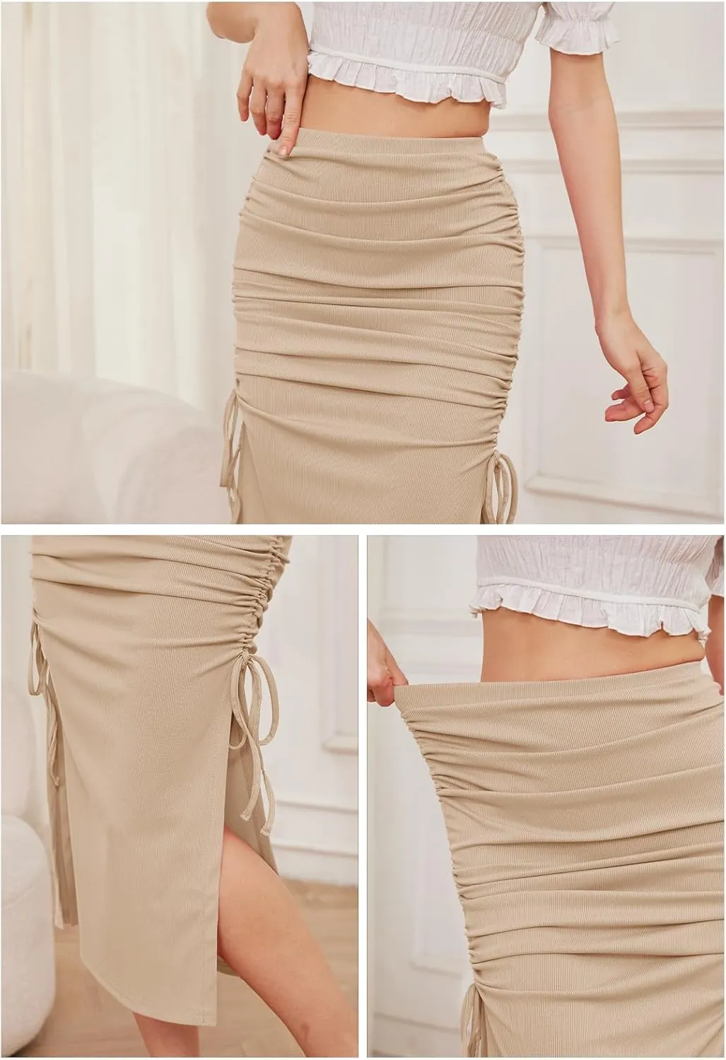 Womens Midi Ruched Skirt Bodycon Drawstring Solid Stretchy High Elastic Waisted Long Skirts for Women with Slit