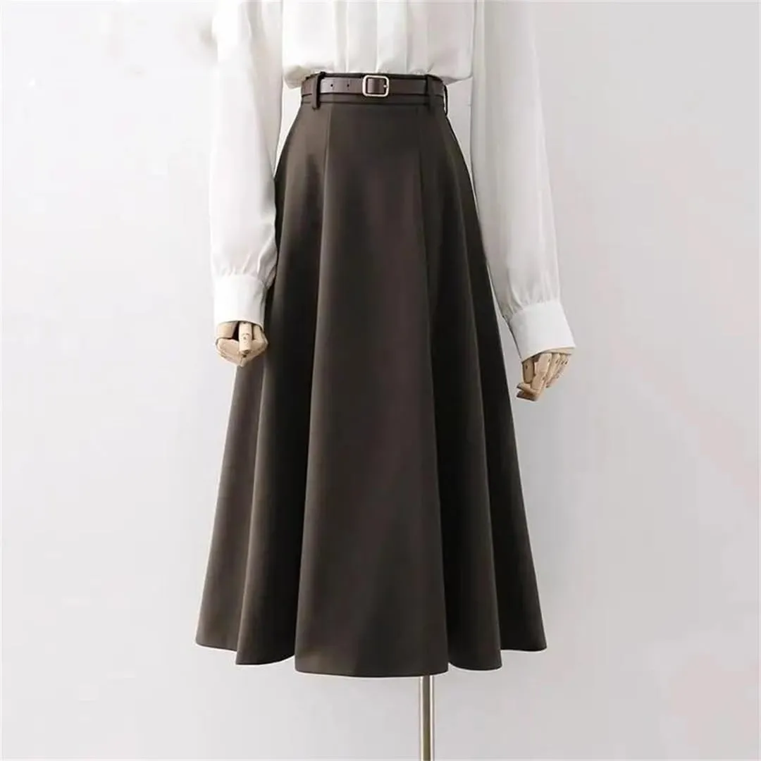 Women's Midi Skirt A Line Faux Wool Thick Belted Skirts High Waisted Slim Long Skirt