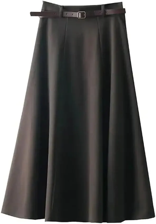 Women's Midi Skirt A Line Faux Wool Thick Belted Skirts High Waisted Slim Long Skirt