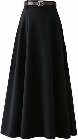 Women's Midi Skirt A Line Faux Wool Thick Belted Skirts High Waisted Slim Long Skirt