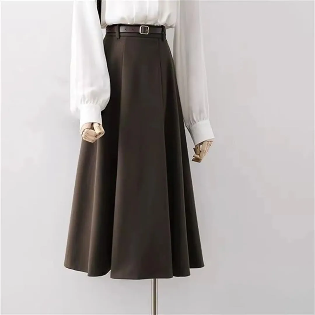 Women's Midi Skirt A Line Faux Wool Thick Belted Skirts High Waisted Slim Long Skirt