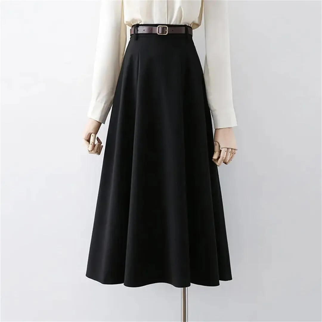 Women's Midi Skirt A Line Faux Wool Thick Belted Skirts High Waisted Slim Long Skirt