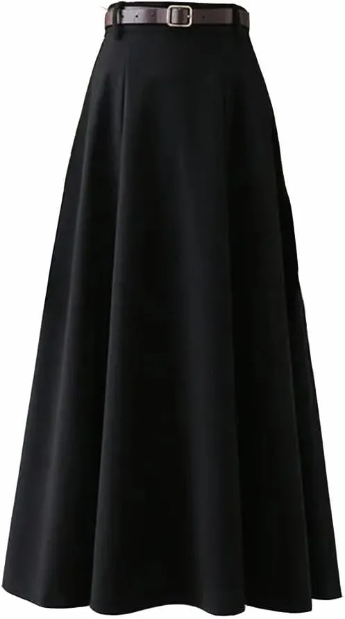 Women's Midi Skirt A Line Faux Wool Thick Belted Skirts High Waisted Slim Long Skirt