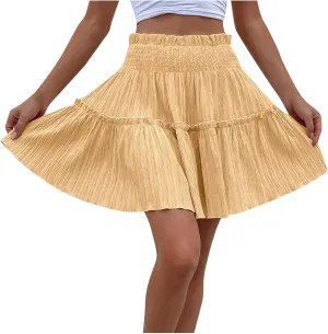 Women's Mini Skirt Summer Beach Skirt Casual Elastic High Waist Pleated A Line Ruffle Hem Flowy A Line Short Skirt