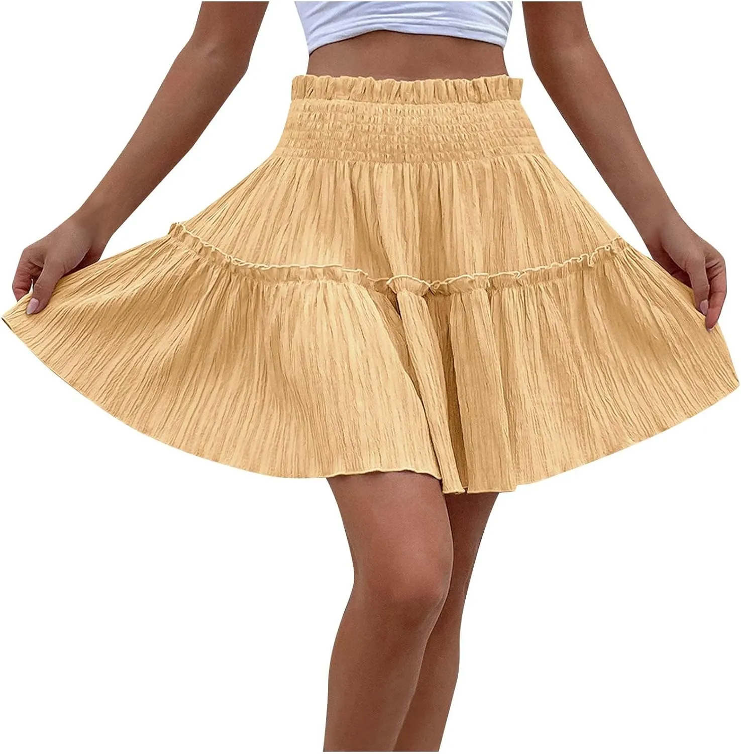 Women's Mini Skirt Summer Beach Skirt Casual Elastic High Waist Pleated A Line Ruffle Hem Flowy A Line Short Skirt