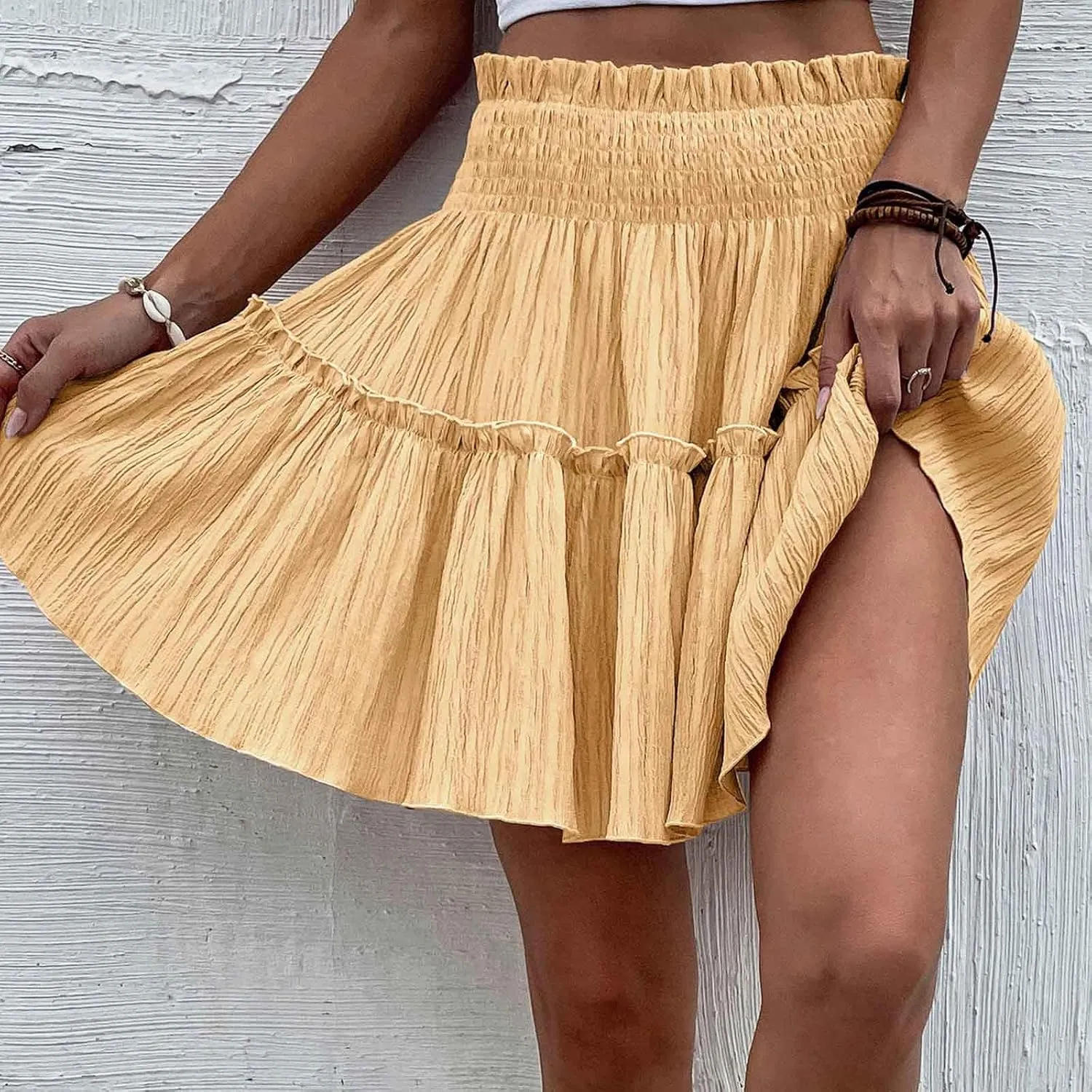 Women's Mini Skirt Summer Beach Skirt Casual Elastic High Waist Pleated A Line Ruffle Hem Flowy A Line Short Skirt