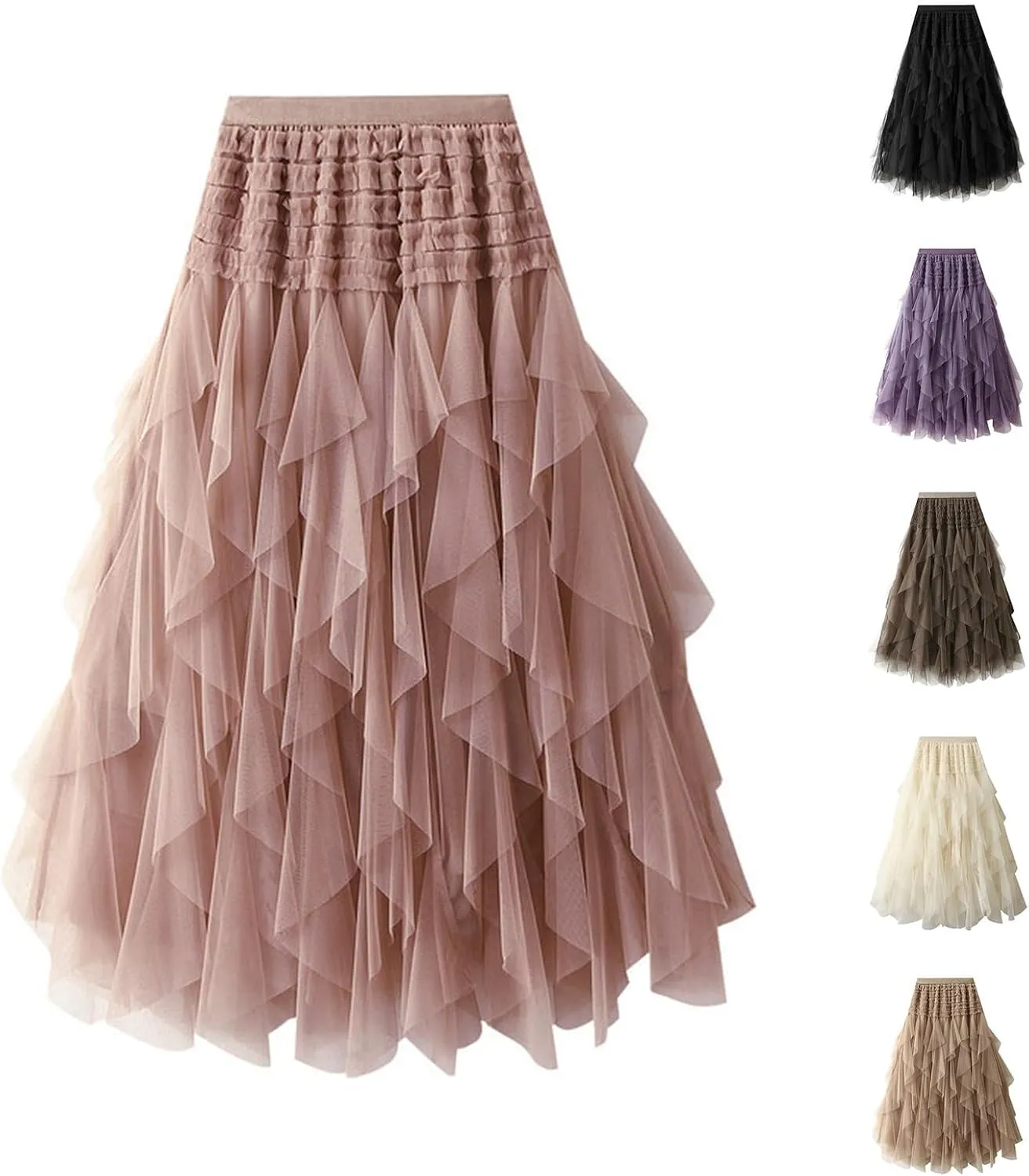 Womens Multilayer Ruffles Skirt Midi Long Fairy Skirt High Low Layered A-line Midi Skirt Irregular Tutu for Women