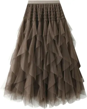 Womens Multilayer Ruffles Skirt Midi Long Fairy Skirt High Low Layered A-line Midi Skirt Irregular Tutu for Women
