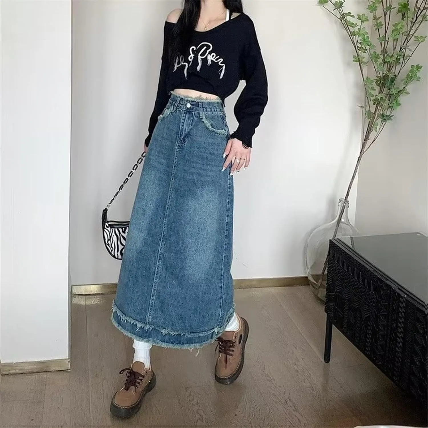 Women's Oversized high Waisted mid Length Distressed Denim Skirt, Casual Retro Ruffled Denim Skirt