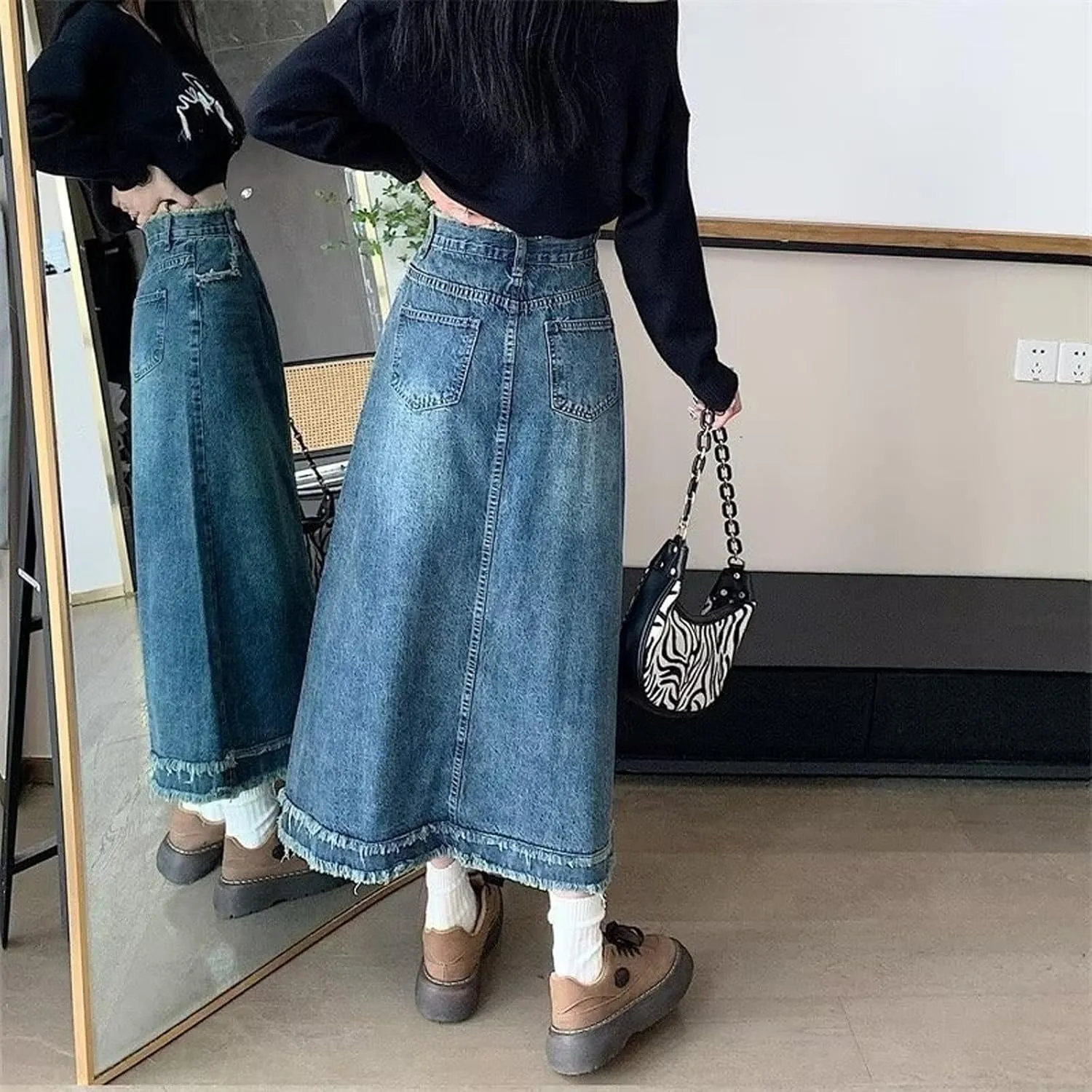 Women's Oversized high Waisted mid Length Distressed Denim Skirt, Casual Retro Ruffled Denim Skirt