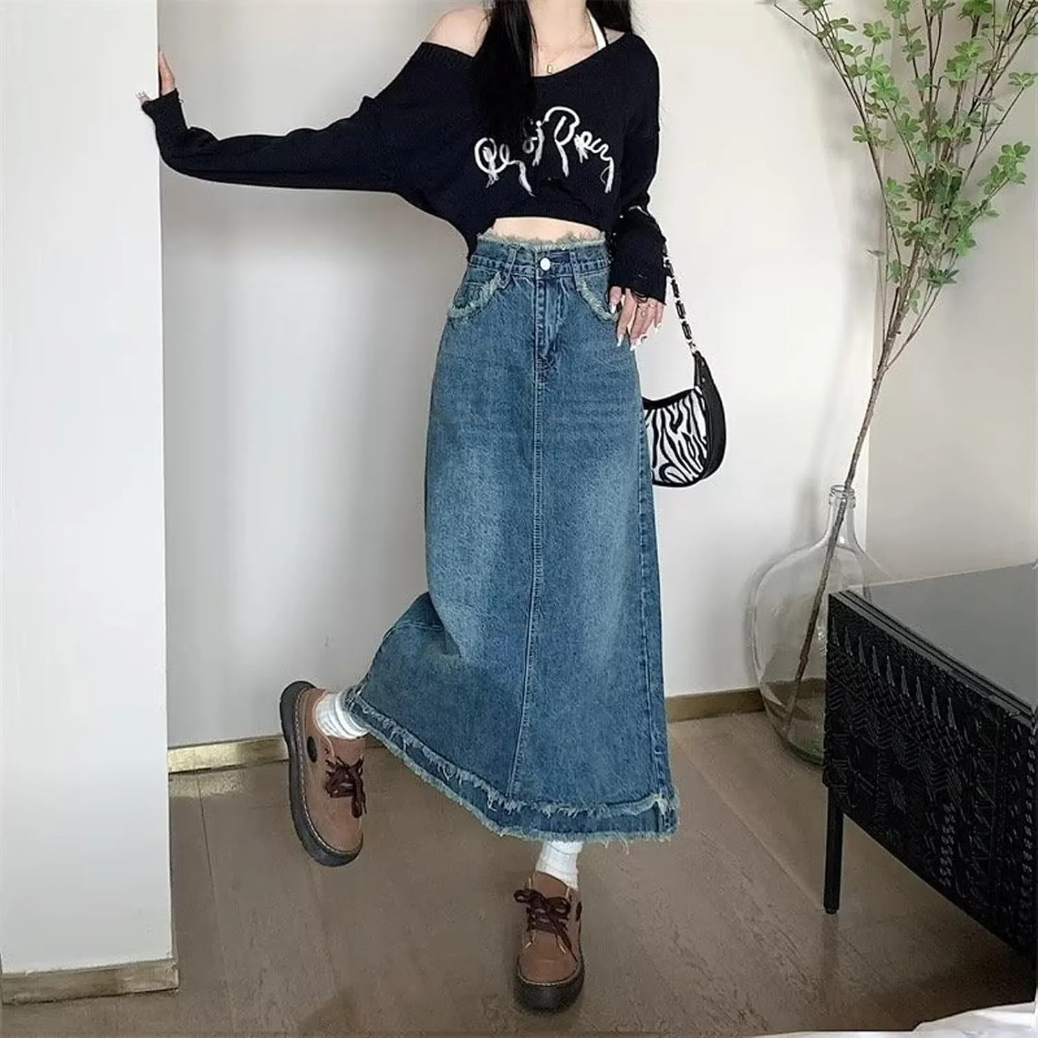 Women's Oversized high Waisted mid Length Distressed Denim Skirt, Casual Retro Ruffled Denim Skirt